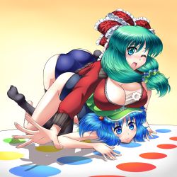 Rule 34 | 2girls, absurdres, between breasts, black legwear, blue eyes, blue hair, blush, breast rest, breasts, breasts on head, cleavage, female focus, food, front ponytail, gradient background, green eyes, green hair, hair ribbon, hat, highres, jacket, kagiyama hina, kawashiro nitori, large breasts, long hair, long sleeves, multiple girls, one eye closed, open mouth, playing games, raionsan, ribbon, school swimsuit, scrunchie, short hair, swimsuit, swimsuit under clothes, thighhighs, touhou, touhou m-1 grand prix, twintails, twister, two side up, wink, zipper