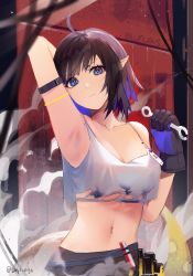 Rule 34 | 1girl, absurdres, ahoge, arknights, arm strap, armpits, black hair, blue eyes, breasts, bright pupils, cleavage, closed mouth, covered erect nipples, crop top, crop top overhang, eunectes (arknights), eunectes (forgemaster) (arknights), gloves, head tilt, highres, huge filesize, id card, light frown, looking at viewer, lufi ays, medium breasts, medium hair, midriff, multicolored hair, navel, pointy ears, purple hair, shirt, tools, torn clothes, twitter username, two-tone hair, upper body, white shirt, wrench