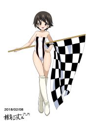 Rule 34 | 10s, 1girl, :d, artist name, bare shoulders, boots, breasts, brown eyes, brown hair, checkered flag, commentary, covered navel, dated, flag, full body, girls und panzer, gluteal fold, hand on own hip, highres, holding, leotard, looking at viewer, nakajima (girls und panzer), one-hour drawing challenge, open mouth, race queen, shiina excel, short hair, signature, simple background, small breasts, smile, solo, standing, strapless, strapless leotard, striped clothes, striped leotard, thigh boots, thigh gap, thighhighs, vertical stripes, white background, white footwear, white leotard