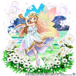 Rule 34 | ancient greek clothes, artist request, blonde hair, blue eyes, blush, copyright notice, dress, fairy, fairy wings, flower, full body, grass, greco-roman clothes, happy, harp, head wreath, holding, holding instrument, horn (instrument), instrument, lily white, long hair, lyre, non-web source, official art, open mouth, petals, sandals, shoe soles, touhou, touhou lostword, translation request, transparent background, very long hair, white dress, white flower, white footwear, wings