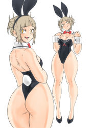 Rule 34 | 1girl, animal ears, ass, blonde hair, boku no hero academia, breasts, cleavage, fake animal ears, fangs, female focus, full body, highres, huge ass, legs, leotard, playboy bunny, rabbit ears, shoes, simple background, solo, standing, thick thighs, thighs, toga himiko, toshinoshin, white background, wide hips, yellow eyes