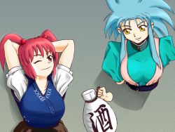 Rule 34 | 2girls, arms behind head, bad id, bad pixiv id, blue hair, bottle, cr4781, crossover, female focus, hair bobbles, hair ornament, multiple girls, one eye closed, onozuka komachi, red eyes, red hair, ryouko (tenchi muyou!), sake bottle, short hair, short twintails, smile, spiked hair, tenchi muyou!, through wall, touhou, twintails, two side up, wink, yellow eyes