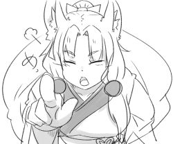 Rule 34 | 1girl, animal ear fluff, animal ears, blush, breasts, closed eyes, collarbone, facing viewer, greyscale, hagoromo, highres, japanese clothes, kimono, leaning forward, medium breasts, monochrome, neon-tetora, open mouth, parted bangs, pointing, pointing at viewer, ponytail, shawl, simple background, solo, touhoku itako, upper body, voiceroid, white background