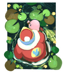 Rule 34 | bel (doting123), border, colored skin, commentary request, from above, fur trim, king dedede, kirby, kirby (series), lily pad, nintendo, outside border, pink skin, pom pom (clothes), solid oval eyes, wading, water, white border