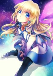 Rule 34 | 00s, 1girl, 9632, bad id, bad pixiv id, black pantyhose, blonde hair, blue eyes, choker, coat, colette brunel, long hair, looking at viewer, pantyhose, shoes, skirt, solo, tales of (series), tales of symphonia, v arms, wings