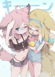 Rule 34 | &gt; &lt;, 2girls, ahoge, alternate costume, animal ears, arknights, bikini, black bikini, blonde hair, blue eyes, blue hairband, blue one-piece swimsuit, brain freeze, casual one-piece swimsuit, closed mouth, commentary, covered navel, cowboy shot, fox ears, fox girl, fox tail, frilled one-piece swimsuit, frills, hairband, ice cream cone, kitsune, kyuubi, long hair, looking at viewer, material growth, multi-strapped bikini, multicolored hair, multiple girls, multiple tails, navel, off-shoulder bikini, off shoulder, official alternate costume, one-piece swimsuit, one eye closed, open mouth, oripathy lesion (arknights), pink hair, short hair, side-tie bikini bottom, sussurro (arknights), sussurro (summer flower) (arknights), suzuran (arknights), swimsuit, tail, trembling, two-tone hair, unitedunti, wavy mouth, white hair
