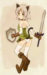 Rule 34 | 1girl, absurdres, animal ears, ass, bare shoulders, blush, boots, cat ears, cat tail, choker, cosplay, elbow gloves, glastonbury1966, gloves, green eyes, highres, link, link (cosplay), looking at viewer, looking back, master sword, nintendo, panties, sanya v. litvyak, shield, short hair, side-tie panties, silver hair, solo, strike witches, sword, tail, the legend of zelda, thighhighs, underwear, weapon, white thighhighs, world witches series