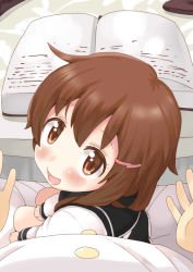 Rule 34 | 10s, 1boy, 1girl, admiral (kancolle), book, brown eyes, brown hair, commentary request, hair ornament, hairclip, ikazuchi (kancolle), kantai collection, looking at viewer, looking back, open mouth, pov, school uniform, serafuku, short hair, sitting, sitting on lap, sitting on person, smile, tonarikeru