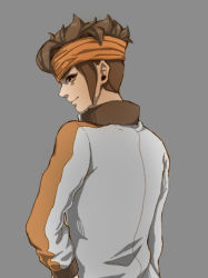 Rule 34 | 1boy, aged up, bad id, bad pixiv id, brown hair, endou mamoru, from behind, headband, inazuma eleven, inazuma eleven (series), inazuma eleven go, jrss, looking back, male focus, short hair, simple background, solo