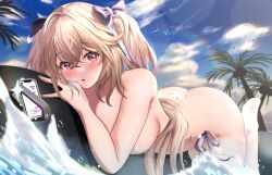 Rule 34 | 1girl, absurdres, anchorage (azur lane), anchorage (dolphins and swim lessons) (azur lane), ass, azur lane, bare shoulders, bikini, bikini bottom only, blush, breasts, cellphone, hair between eyes, hair ribbon, highres, inflatable orca, inflatable toy, large breasts, light brown hair, long hair, loob, looking at viewer, official alternate costume, outdoors, palm tree, phone, ribbon, smartphone, soles, surfing, swimsuit, thighhighs, thighs, topless, tree, twintails, very long hair, wet, white bikini, white thighhighs