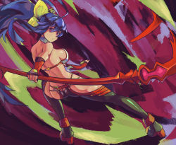 Rule 34 | 1girl, :o, antenna hair, armpits, ass, back, backless outfit, bare arms, bare shoulders, holding behind back, black pants, blazblue, blazblue: central fiction, blazblue variable heart, blue hair, boots, bow, breasts, butt crack, fingerless gloves, from behind, full body, genderswap, genderswap (mtf), gloves, hair between eyes, hair bow, halterneck, high heel boots, high heels, holding, holding weapon, large breasts, long hair, lowleg, lowleg pants, mai natsume, no bra, no panties, open mouth, outseal, pants, polearm, ponytail, profile, purple eyes, quentin lecuiller, red gloves, revealing clothes, ribbon, sideboob, sidelocks, solo, spear, standing, thighs, tight clothes, tight pants, very long hair, weapon, yellow bow