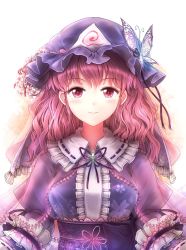 Rule 34 | 1girl, bad id, bad twitter id, blush, capelet, cherry blossoms, dress, floral print, flower, hat, hat flower, highres, jpeg artifacts, long hair, long sleeves, looking at viewer, minust, mob cap, obi, pink eyes, pink hair, portrait, puffy sleeves, ribbon, saigyouji yuyuko, sash, see-through, smile, solo, touhou, triangular headpiece, upper body, veil