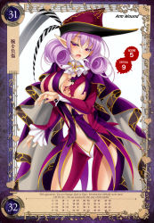 Rule 34 | 1girl, blush, breasts, cape, cle masahiro, curly hair, despina (queen&#039;s blade), female focus, hat, highres, large breasts, long hair, long sleeves, looking at viewer, non-web source, open mouth, pointy ears, purple eyes, purple hair, queen&#039;s blade, queen&#039;s blade grimoire, revealing clothes, simple background, solo, torn clothes, white background