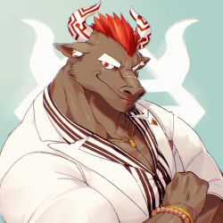 Rule 34 | animal ears, bara, bracelet, brown fur, commentary, cow ears, cow horns, facial hair, formal, furry, furry male, goatee, gyumao (housamo), highres, horns, jewelry, jinnai10, large pectorals, male focus, mature male, minotaur, mohawk, muscular, muscular male, necklace, pectoral cleavage, pectorals, red hair, shirt, short hair, smile, striped clothes, striped shirt, suit, tokyo houkago summoners, white suit