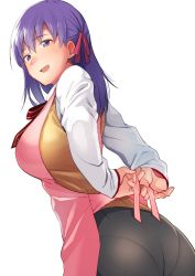 Rule 34 | 1girl, amano don, apron, arms behind back, ass, bad id, bad twitter id, black skirt, blush, breasts, commentary request, dress shirt, fate/stay night, fate (series), hair ribbon, hip focus, large breasts, long hair, looking to the side, matou sakura, neck ribbon, open mouth, pantylines, pink apron, pink ribbon, purple eyes, purple hair, red ribbon, ribbon, shirt, simple background, skirt, smile, solo, sweater vest, tying apron, white background