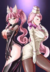 Rule 34 | 0-pie, 2girls, animal ear fluff, animal ears, ass, ass-to-ass, ass press, black bodysuit, bodysuit, bow, breasts, center opening, choker, cleavage, earrings, eyewear strap, fate/grand order, fate (series), fox ears, fox girl, garrison cap, gloves, hair ribbon, hat, highres, hip vent, jacket, jewelry, koyanskaya (fate), large breasts, multiple girls, open bodysuit, open clothes, pencil skirt, pink bow, pink hair, pink ribbon, pink scarf, ribbon, ribbon choker, scarf, side ponytail, skirt, sleeve cuffs, tamamo (fate), thighs, white gloves, white jacket, yellow eyes