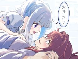 Rule 34 | 2girls, ange katrina, blanket, blue eyes, blunt bangs, commentary request, hair between eyes, lize helesta, looking at another, lying, lying on person, multiple girls, nijisanji, on back, open mouth, pajamas, purple eyes, red hair, sakino shingetsu, short hair, sidelocks, silver hair, sweatdrop, translation request, two side up, virtual youtuber