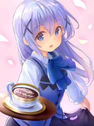Rule 34 | 1girl, :d, blue eyes, blue neckwear, coffee, commentary request, cup, disposable cup, gochuumon wa usagi desu ka?, hair between eyes, hair ornament, happy birthday, highres, kafuu chino, latte art, light purple hair, long hair, long sleeves, looking at viewer, nomio, open mouth, petals, pink background, plate, rabbit house uniform, simple background, skirt, skirt hold, smile, solo, teacup, tray, x hair ornament