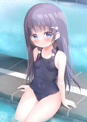 Rule 34 | 1girl, absurdres, arm support, black hair, black one-piece swimsuit, blue eyes, blue hair, blush, braid, breasts, closed mouth, collarbone, commentary request, covered navel, hair ornament, hair over shoulder, hairclip, highres, long hair, looking at viewer, multicolored hair, old school swimsuit, one-piece swimsuit, original, poolside, renew vivi, school swimsuit, sitting, small breasts, smile, soaking feet, solo, streaked hair, swimsuit, twin braids, very long hair, water