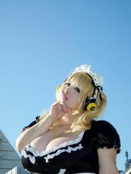 Rule 34 | 1girl, asian, blonde hair, breasts, brown eyes, cleavage, cosplay, fat, headphones, hoshima mika, huge breasts, jewelry, maid, maid headdress, necklace, nitroplus, photo (medium), plump, solo, star (symbol), super pochaco, super pochaco (cosplay), twintails, wrist cuffs