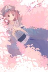 Rule 34 | 1girl, blue kimono, cherry blossoms, gloves, hat, hitodama, japanese clothes, kimono, lying, mob cap, nail polish, obi, own hands clasped, own hands together, pink hair, red eyes, red nails, saigyou ayakashi, saigyouji yuyuko, sash, short hair, sleeve garter, smile, touco to, touhou, triangular headpiece, white gloves, wide sleeves