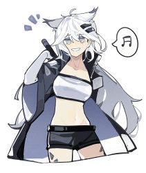Rule 34 | 1girl, :d, ^^^, absurdres, ahoge, animal ears, arknights, beamed thirty-second notes, black coat, black shorts, bright pupils, coat, collarbone, cropped legs, elbow gloves, gloves, grey eyes, hair ornament, hairclip, haobuguniao, highres, lappland (arknights), long hair, looking at viewer, material growth, musical note, navel, open clothes, open coat, open mouth, oripathy lesion (arknights), parted lips, short shorts, shorts, simple background, smile, solo, spoken musical note, stomach, strapless, tube top, very long hair, white background, white gloves, white hair, wolf ears