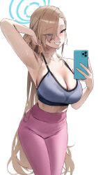 Rule 34 | 1girl, absurdres, alternate costume, armpits, asuna (blue archive), asymmetrical bangs, blonde hair, blue archive, blue eyes, breasts, cellphone, cellphone photo, exercising, halo, highres, holding, holding phone, large breasts, logknn, long hair, phone, presenting armpit, smile, solo, sportswear, standing, sweat, sweaty clothes