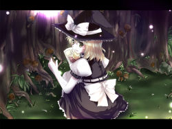 Rule 34 | 1girl, blonde hair, book, dress, fastbond, female focus, forest, hat, kirisame marisa, letterboxed, mushroom, nature, outdoors, plant, ribbon, solo, touhou