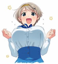 Rule 34 | 1girl, :d, asada hachi, axis powers hetalia, bad id, bad twitter id, blue eyes, blue ribbon, breasts, buttons, dress shirt, fingernails, flying sweatdrops, hair ornament, hairband, hands up, large breasts, long sleeves, looking at viewer, open mouth, ribbon, shirt, short hair, silver hair, smile, solo, twitter username, ukraine (hetalia), white background, white shirt, x hair ornament, yellow hairband