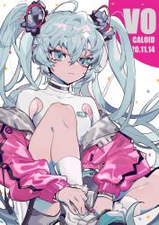 Rule 34 | 1girl, absurdres, aqua eyes, aqua hair, armpit cutout, clothing cutout, commentary, confetti, dated, hair ornament, hair scrunchie, hatsune miku, highres, jacket, knee up, long hair, looking at viewer, open clothes, open jacket, pink jacket, scrunchie, shirt, shorts, shoulder tattoo, sitting, symbol-only commentary, taowu (20809), tattoo, twintails, very long hair, vocaloid, white shirt