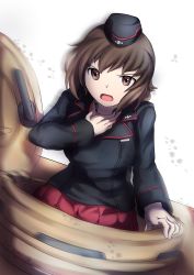Rule 34 | 1girl, 9s0ykoyama117, absurdres, black hat, black jacket, brown eyes, brown hair, commentary, dress shirt, dutch angle, frown, garrison cap, girls und panzer, hand on own throat, hat, highres, insignia, jacket, kuromorimine military uniform, long sleeves, looking at viewer, military, military hat, military uniform, motion blur, nishizumi maho, open mouth, pleated skirt, red shirt, red skirt, shirt, short hair, simple background, skirt, solo, tank cupola, throat microphone, uniform, white background, wing collar