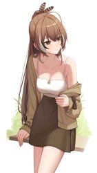 Rule 34 | 1girl, ahoge, bare shoulders, blush, breasts, brown eyes, brown hair, brown skirt, camisole, casual, cleavage, closed mouth, collarbone, commentary, english commentary, erezu, feather hair ornament, feathers, hair between eyes, hair ornament, highres, hololive, hololive english, long hair, long sleeves, medium breasts, multicolored hair, nanashi mumei, off shoulder, ponytail, shirt, sidelocks, simple background, skirt, solo, streaked hair, sweater, very long hair, virtual youtuber, white background, white shirt