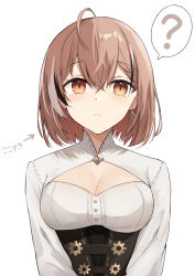 Rule 34 | 1girl, ?, ahoge, braid, braided bangs, breasts, brown corset, brown eyes, brown hair, cleavage, cleavage cutout, closed mouth, clothing cutout, corset, earrings, highres, hololive, hololive english, jewelry, large breasts, looking at viewer, multicolored hair, nanashi mumei, official alternate hairstyle, shirt, short hair, shuuzo3, single earring, streaked hair, virtual youtuber, white shirt