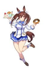 Rule 34 | 1girl, :d, :q, animal ears, bandaid, bandaid on knee, bandaid on leg, breasts, brown footwear, brown hair, cake, food, full body, hair between eyes, hair ribbon, highres, hishi akebono (umamusume), horse ears, horse girl, horse tail, ice cream, ice cream cone, large breasts, long hair, looking at viewer, official art, one eye closed, open mouth, red eyes, ribbon, sidelocks, smile, bow legwear, solo, tail, tongue, tongue out, transparent background, tray, twintails, umamusume, white legwear, white ribbon
