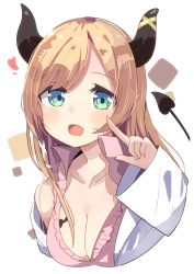 Rule 34 | 1girl, :d, absurdres, blonde hair, blush, breasts, cleavage, coat, collarbone, collared shirt, cropped shoulders, demon girl, demon horns, demon tail, dot nose, fang, frilled shirt, frills, hair ornament, hand up, heart, highres, hololive, horns, index finger raised, lab coat, long hair, looking at viewer, medium breasts, off shoulder, okota mikan, open clothes, open coat, open mouth, parted bangs, pink shirt, pointy ears, shirt, sidelocks, simple background, skin fang, smile, solo, tail, upper body, virtual youtuber, white background, wide sleeves, x hair ornament, yuzuki choco, yuzuki choco (1st costume)