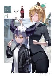 Rule 34 | 2girls, ahoge, alternate costume, black jacket, black pants, black suit, blonde hair, braid, braided bangs, candy, closed eyes, cocktail glass, cola, commentary request, cup, demon horns, donggua bing cha, drinking glass, food, formal, grey hair, highres, holding, holding tray, hololive, holox, horns, jacket, kazama iroha, la+ darknesss, leather, leather jacket, lollipop, long hair, multicolored hair, multiple girls, narrow waist, pant suit, pants, purple hair, shirt, short hair, sleeves rolled up, streaked hair, suit, suit jacket, tray, very long hair, virtual youtuber, white shirt, wide hips, yellow eyes