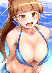 Rule 34 | 1girl, bikini, bikini pull, blue bikini, blunt bangs, blush, breasts, brown eyes, brown hair, character request, cleavage, clothes pull, collarbone, dha, hair ornament, hair stick, halterneck, highres, large breasts, leaning forward, long hair, looking at viewer, nanoha yougashiten no ii shigoto, navel, ocean, open mouth, ponytail, smile, solo, sparkle, swimsuit, very long hair