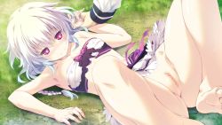 Rule 34 | 1girl, armpits, bare arms, bare legs, barefoot, blush, breasts, censored, closed mouth, clothes lift, covered erect nipples, day, game cg, hair between eyes, holding another&#039;s wrist, iris krug, leg up, long hair, lying, midriff, miniskirt, mizunezumi, mosaic censoring, on back, on grass, outdoors, pussy, re;lord dai san shou, red eyes, sarashi, skirt, skirt lift, small breasts, soles, solo focus, stomach, tears, white hair