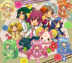 Rule 34 | 10s, 5girls, aoki reika, blue skirt, boots, bow, candy (smile precure!), creature, cure beauty, cure happy, cure march, cure peace, cure sunny, green shorts, green skirt, hair flaps, hairband, hino akane (smile precure!), hoshizora miyuki, kise yayoi, knee boots, kumeko, lowres, magical girl, midorikawa nao, multiple girls, necktie, orange skirt, pink bow, pink necktie, pink shorts, pink skirt, precure, shorts, shorts under skirt, skirt, sleeves rolled up, smile precure!, white hairband, wide ponytail, yellow bow, yellow skirt