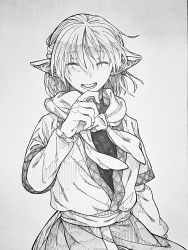 Rule 34 | 1girl, absurdres, blush, closed eyes, female focus, gradient background, happy, highres, long sleeves, mizuhashi parsee, monochrome, open mouth, ozma (yozakura), pointy ears, scarf, skirt, smile, solo, touhou