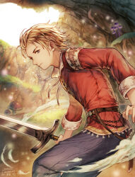 Rule 34 | 1boy, artist name, belt, blonde hair, blue eyes, closed mouth, cotelier, dated, gustave xiii, looking at viewer, male focus, mushroom, saga, saga frontier 2, solo, standing, sword, weapon