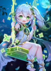 Rule 34 | 1girl, :d, bare shoulders, blurry, blurry background, blush, braid, colored tips, commentary request, cross-shaped pupils, dress, feet, foot out of frame, genshin impact, green eyes, green hair, hair ornament, highres, holding, leaf hair ornament, long hair, looking at viewer, multicolored hair, nahida (genshin impact), night, open mouth, pointy ears, ponytail, short dress, sidelocks, sitting, sleeveless, sleeveless dress, smile, socks, solo, stirrup legwear, symbol-shaped pupils, thighs, toeless legwear, toes, two-tone hair, umishima rinta, white hair, white socks