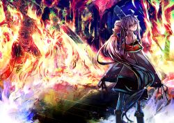 Rule 34 | 1girl, :o, blue fire, burning, fire, from behind, grey hair, hat, indoors, japanese clothes, kusakanmuri, long hair, long sleeves, looking at viewer, looking back, mononobe no futo, open mouth, ponytail, red eyes, skirt, sleeves past wrists, solo, statue, tate eboshi, touhou, very long hair, wide sleeves