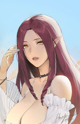 Rule 34 | 1girl, alios arvin, blue sky, bracelet, breasts, camisole, choker, cleavage, collarbone, drill hair, drill sidelocks, highres, jewelry, large breasts, lips, long hair, mole, mole under eye, original, parted lips, pointy ears, purple hair, sidelocks, signature, sky, solo, upper body, white camisole, yellow eyes