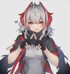 Rule 34 | 1girl, antenna hair, arknights, black gloves, black jacket, black scarf, character name, commentary, demon horns, fingerless gloves, gloves, grey background, grey hair, grey shirt, hair between eyes, highres, horns, jacket, looking at viewer, nail polish, open clothes, open jacket, red eyes, red nails, scar, scarf, shirt, short hair, simple background, slit pupils, solo, suyama kara, symbol-only commentary, w, w (arknights)
