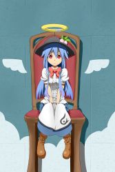 Rule 34 | 1girl, blue hair, boots, bow, chair, dress, fake halo, female focus, food, fruit, full body, halo, hat, highres, hinanawi tenshi, long hair, peach, red eyes, route1911, sitting, solo, touhou, wings