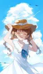 Rule 34 | 1girl, :d, ^ ^, ascot, bird, blue ascot, blue sky, braid, brown hair, closed eyes, cloud, collarbone, cowboy shot, day, dress, hat, highres, holding, holding clothes, holding hat, ilis 0226, ocean, open mouth, original, sky, smile, solo, standing, sun hat, sunlight, twin braids, white dress