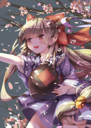 Rule 34 | 1girl, absurdres, alternate costume, bell, blush, bubble, hair bell, hair ornament, hair ribbon, highres, horns, ibuki suika, japanese clothes, long hair, long sleeves, looking away, low-tied long hair, open mouth, outstretched arm, ponytail, red eyes, ribbon, simple background, smile, solo, teeth (artist), touhou, tree, water, wide sleeves