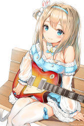 Rule 34 | 1girl, artist name, bare shoulders, bench, blonde hair, blue bow, blue dress, blue eyes, blue hairband, blush, bow, breasts, cleavage, closed mouth, collarbone, dduck kong, detached collar, detached sleeves, dress, electric guitar, gibson les paul, girls&#039; frontline, guitar, hair between eyes, hair ornament, hairband, highres, holding, holding plectrum, instrument, light brown hair, long hair, long sleeves, looking at viewer, medium breasts, off-shoulder dress, off shoulder, official alternate costume, on bench, one side up, plectrum, puffy long sleeves, puffy sleeves, santa costume, sidelocks, simple background, sitting, smile, snowflake hair ornament, solo, suomi (girls&#039; frontline), suomi (korvatunturi pixie) (girls&#039; frontline), thighhighs, very long hair, white background, white thighhighs