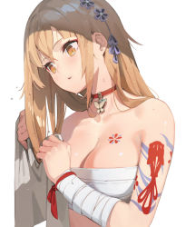Rule 34 | 1girl, absurdres, alternate hairstyle, bandages, bandeau, bare shoulders, blonde hair, blush, breasts, brushing hair, chest sarashi, chest tattoo, choker, cleavage, commentary, ddal, eyeshadow, genshin impact, hair between eyes, hair down, hair ornament, head tilt, highres, holding, large breasts, long hair, makeup, parted lips, red choker, sarashi, shoulder tattoo, sidelocks, simple background, solo, straight hair, strapless, sweat, tattoo, tube top, upper body, white background, wrist wrap, yellow eyes, yoimiya (genshin impact)